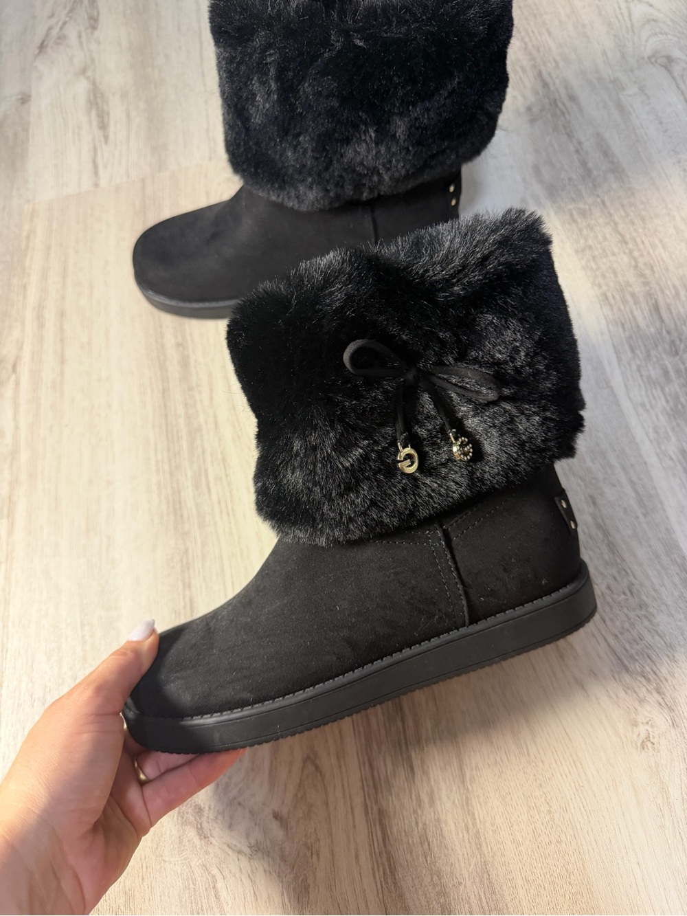 G by Guess Black Faux-Fur Cuffed Ankle Boots
